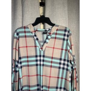Lildy Split Sleeve Plaid Tunic Top Tan Mint Green V-Neck High Low Hem S-M